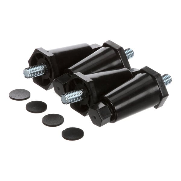 A set of adjustable black plastic legs with threaded metal studs and round rubber pads.