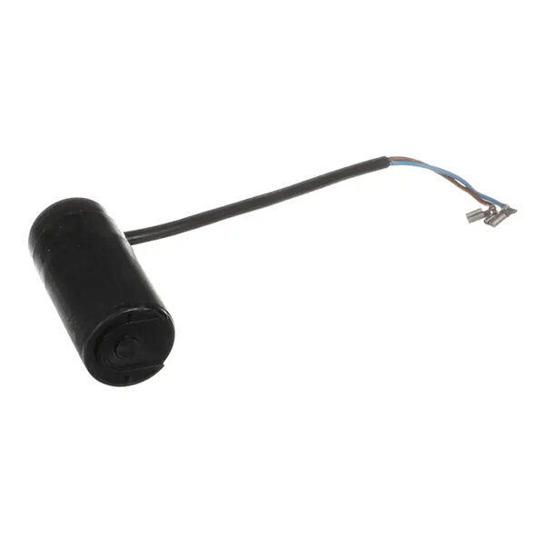 A black cylindrical compressor start capacitor with attached wires and connectors.