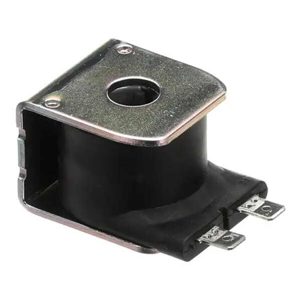 A 120V solenoid coil with metal and plastic housing and two electrical terminals.