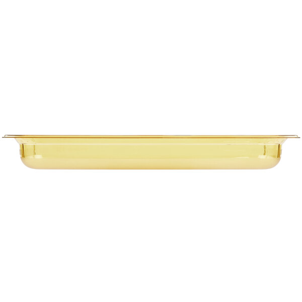 A yellow plastic food pan with a white background.