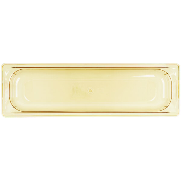 A rectangular amber plastic food pan with a lid.