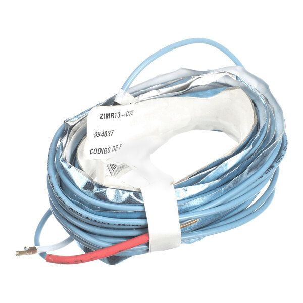 A coiled blue PVC heater wire with exposed ends and a label attached.