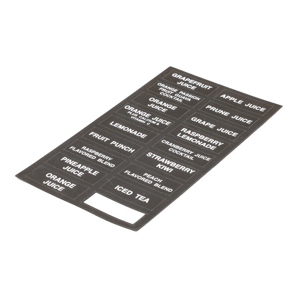 A sheet of black and white flavor decals for a juice dispenser, labeled with various juice and beverage names.