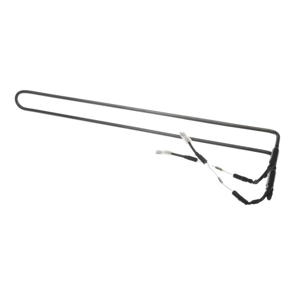 A metal defrost heater with attached wires, designed for use in refrigeration units.