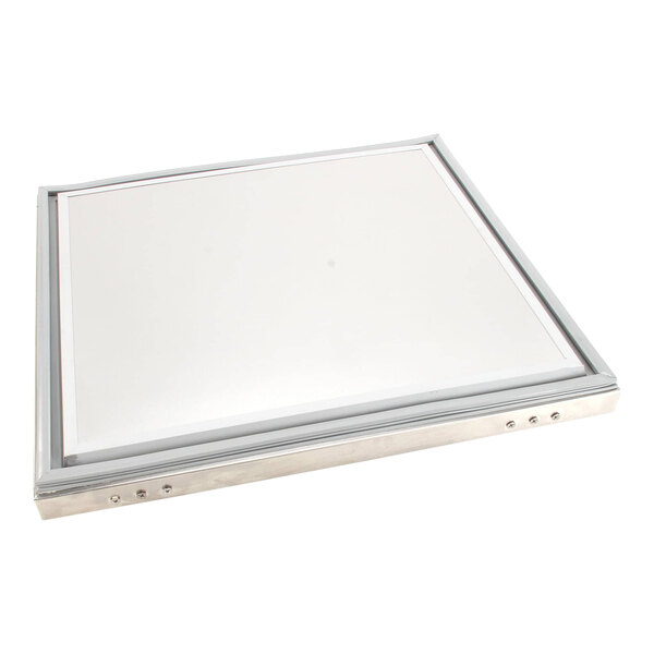 A square stainless steel and aluminum door assembly for a commercial refrigerator or freezer.