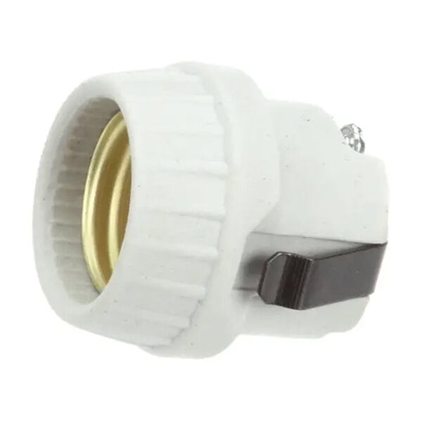A white lamp holder with a metal clip and screw, designed for use with Leviton 8875 sockets.