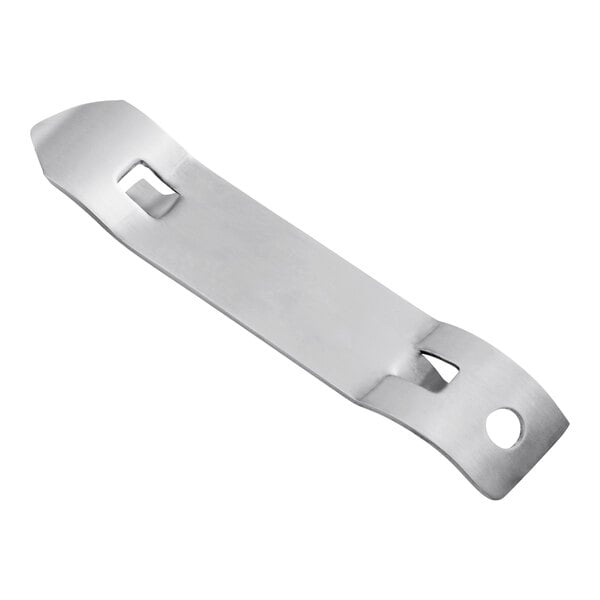 A stainless steel 4-inch church key can and bottle opener.