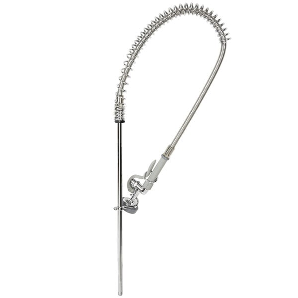 A T&S metal pre-rinse tube with a white handle.