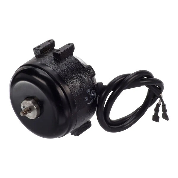 A small black fan motor with attached wires and mounting brackets.