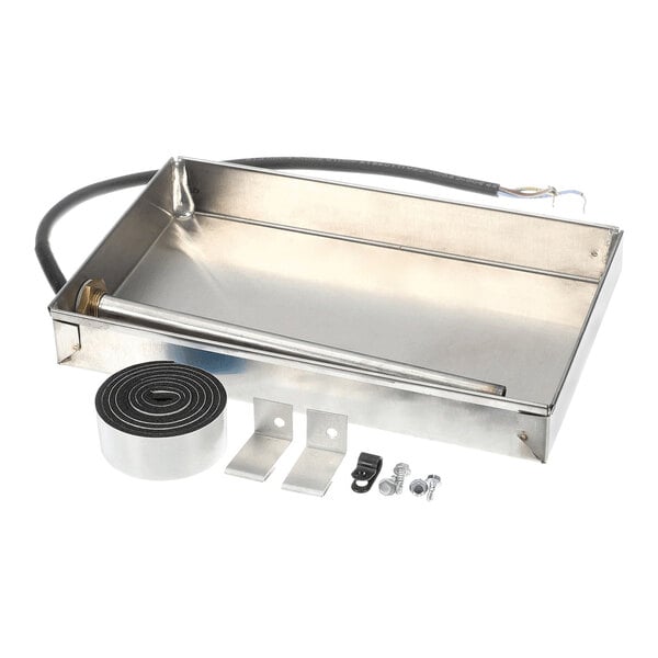 A stainless steel heated drain pan kit with mounting brackets, screws, a roll of insulation tape, and a power cord.