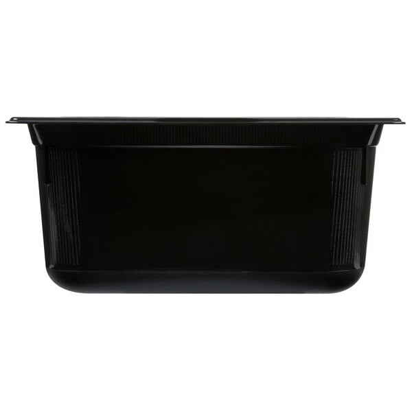 A black plastic Vollrath Super Pan with a lid.