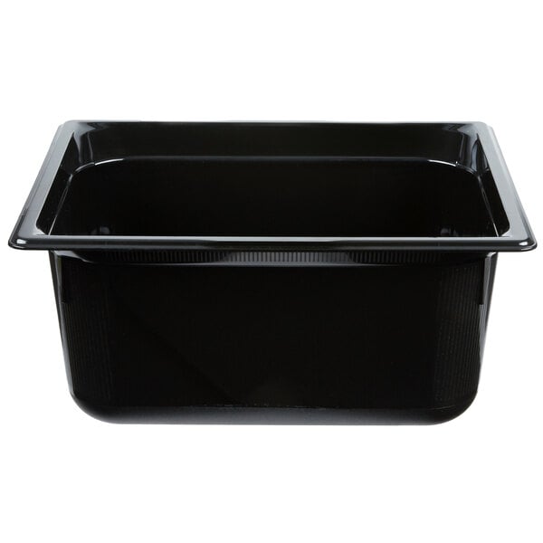 A black rectangular Vollrath plastic food pan.