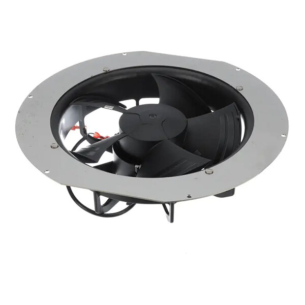 A round condenser fan motor with a metal mounting plate and black fan blades.