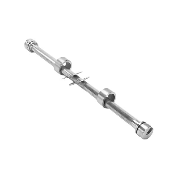 A metal weldment rotor shaft with attached collars and fins.