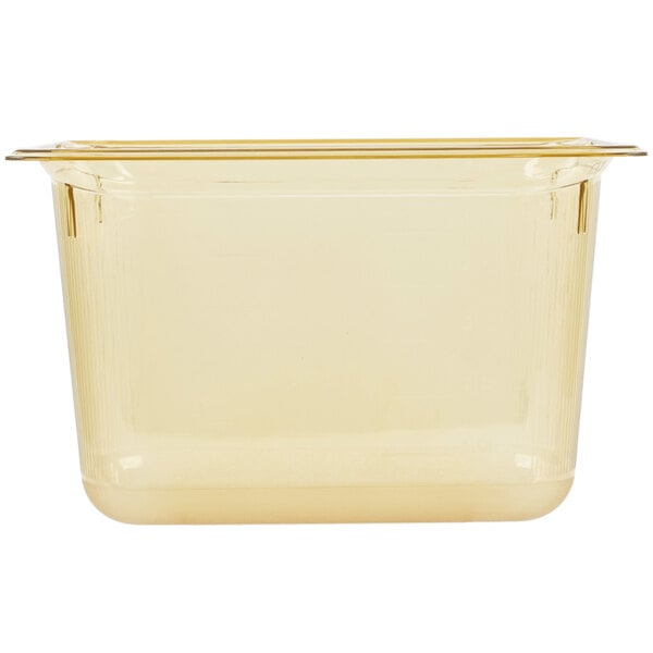 A Vollrath amber plastic food pan with a lid.