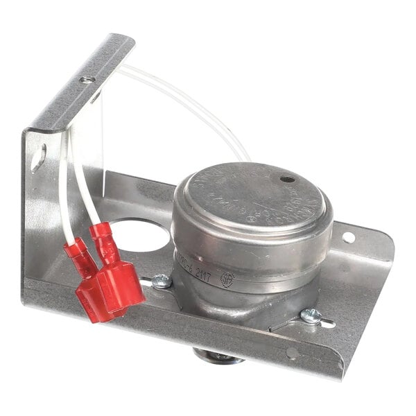 A metal vent motor assembly with attached wiring and mounting bracket.