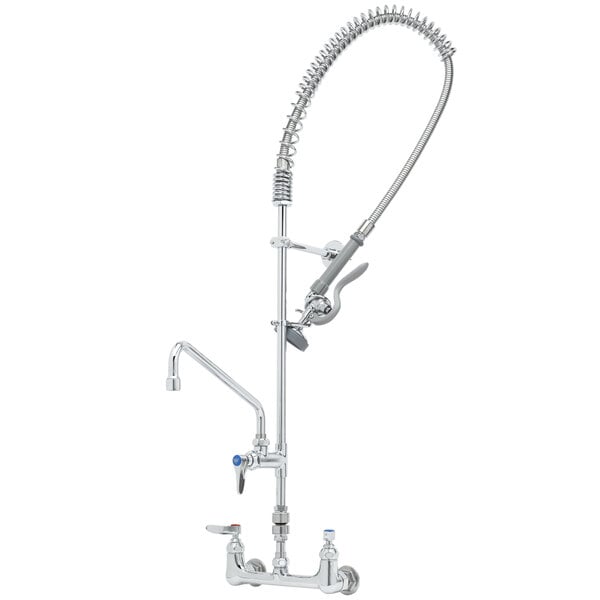 A silver T&S wall mounted pre-rinse faucet with a hose and add-on faucet.