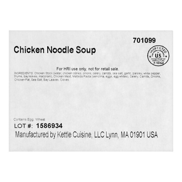 A label for Kettle Cuisine Reduced Sodium Chicken Noodle Soup, 4 lb. package.