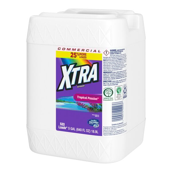 A 5-gallon container of XTRA Tropical Passion liquid laundry detergent.