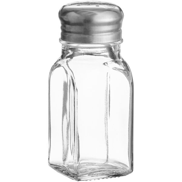 A clear glass-paneled salt and pepper shaker with a metal lid.