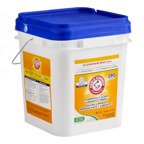 A large white plastic container of Arm & Hammer 18 lb. Free & Clear powder detergent with a blue lid and carrying handle.