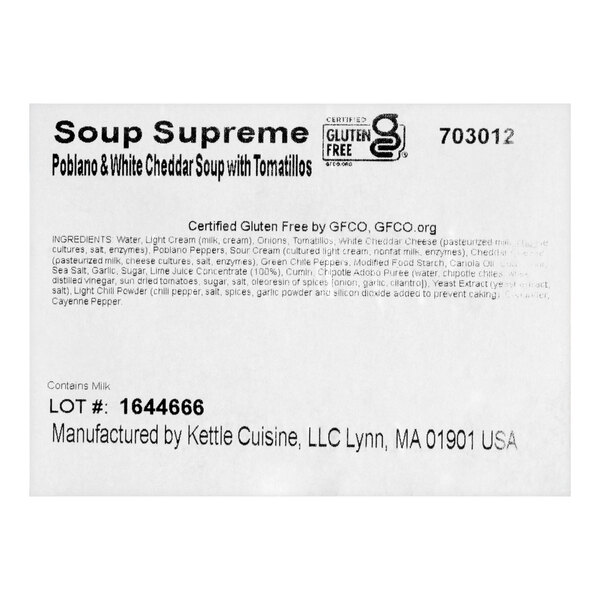 Soup Supreme Poblano and White Cheddar Soup with Tomatillos 4 lb. - 4/Case