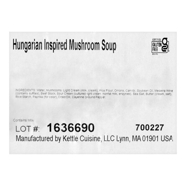 A label for Kettle Cuisine Hungarian Inspired Mushroom Soup, 4 lb. package.