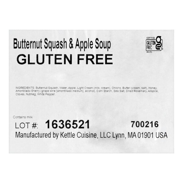 A label for Kettle Cuisine Butternut Squash and Apple Soup indicating it is gluten free and contains milk.