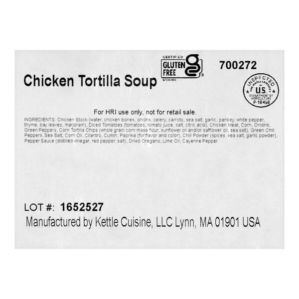 A label for Kettle Cuisine Chicken Tortilla Soup, indicating it is gluten free and for food service use only.