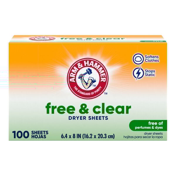 A box of Arm & Hammer Free & Clear dryer sheets containing 100 sheets.