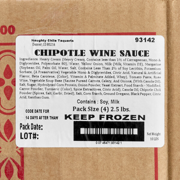 A case of Naughty Chile Taqueria Chipotle Wine Sauce containing four 2.5 lb. packages.