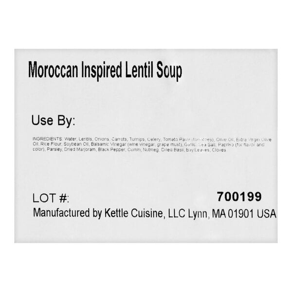 A label for Kettle Cuisine Moroccan Inspired Lentil Soup, listing ingredients and manufacturer information.