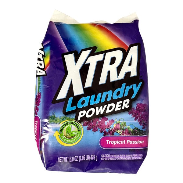 A 16.9 oz. bag of XTRA Tropical Passion powder laundry detergent.