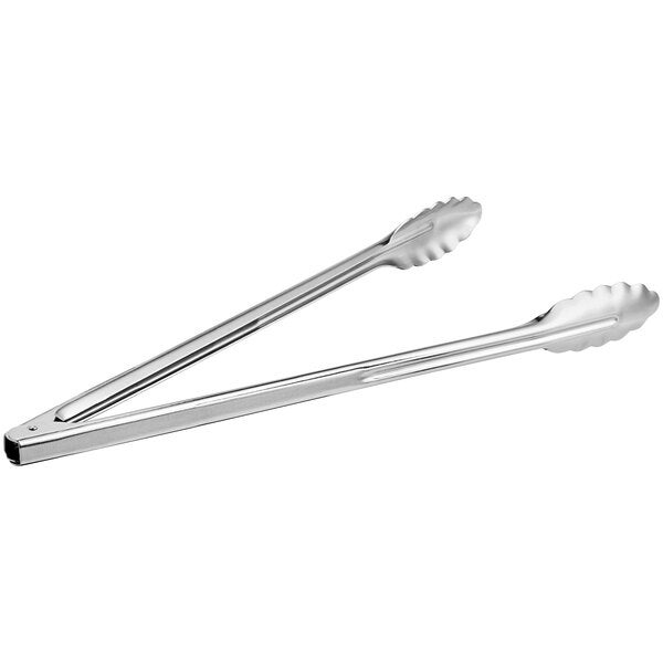 A pair of 16-inch extra heavy-duty stainless steel utility tongs.