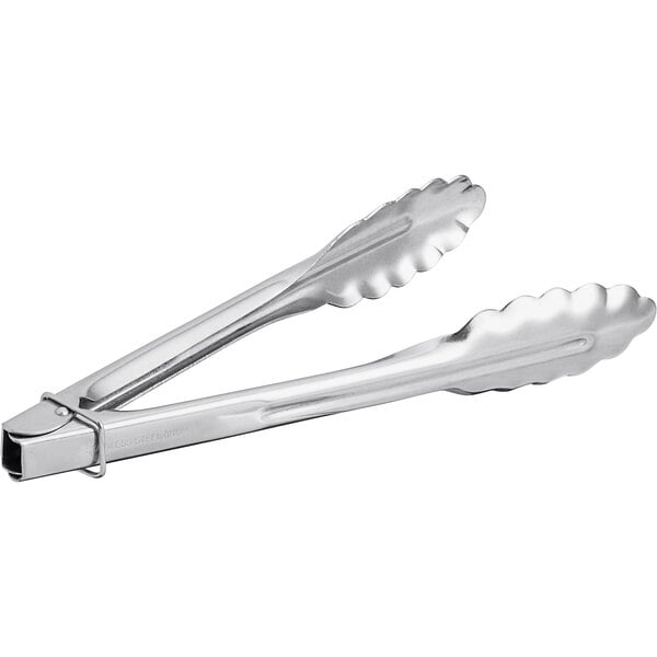 A pair of heavy-duty stainless steel utility tongs.