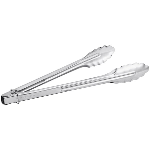A pair of 12-inch stainless steel utility tongs.