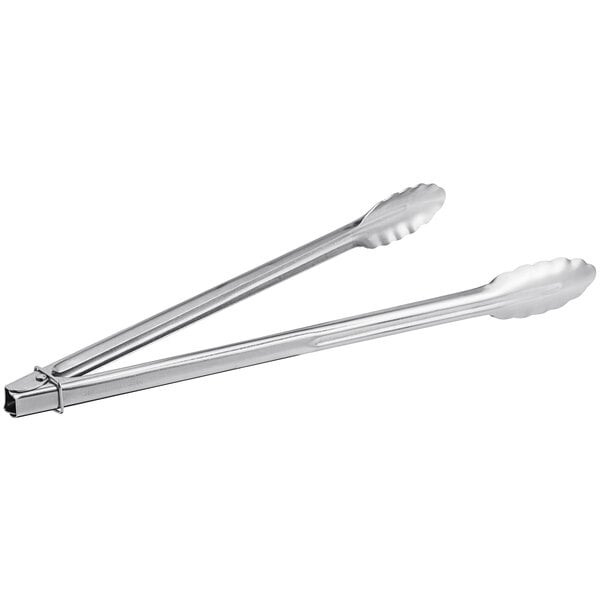 A pair of 16-inch heavy-duty stainless steel utility tongs.