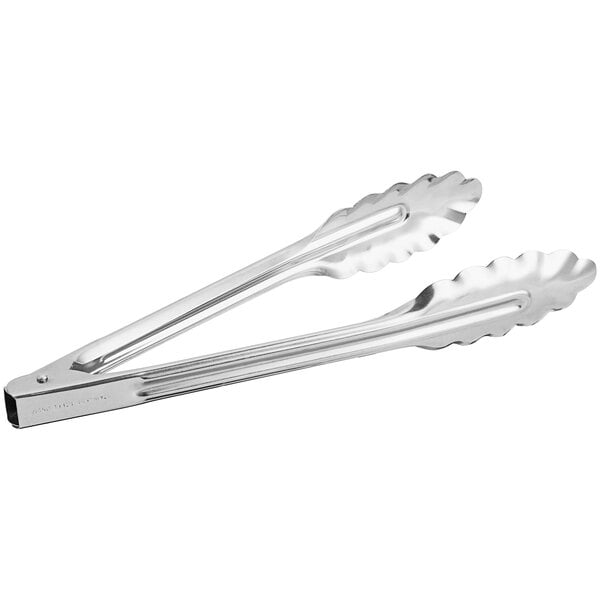 A pair of extra heavy-duty stainless steel utility tongs.
