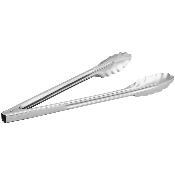 A pair of 12-inch extra heavy-duty stainless steel utility tongs.