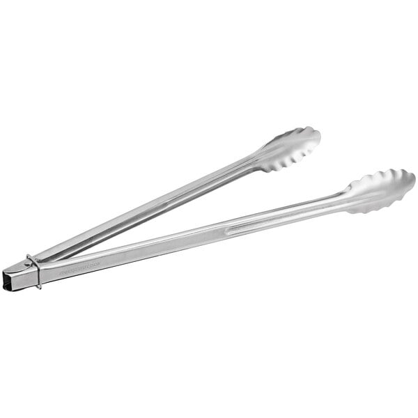 A pair of 16-inch stainless steel utility tongs.