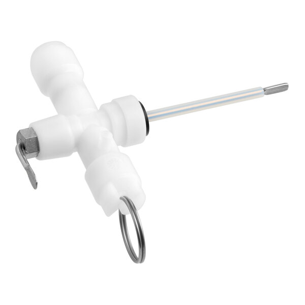 A white CO2 gas inlet connection with a metal key ring and a protruding metal rod, designed for water dispensers.