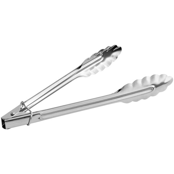 A pair of stainless steel utility tongs.