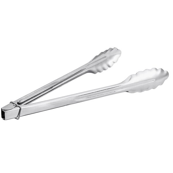 A pair of 12-inch heavy-duty stainless steel utility tongs.