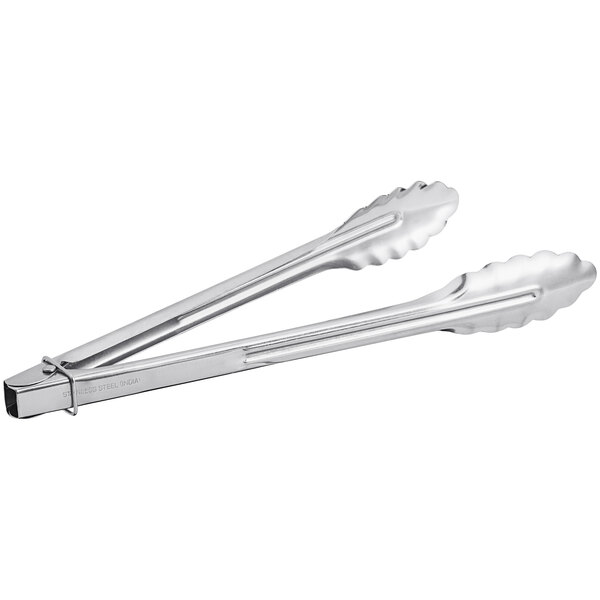 A pair of 12-inch stainless steel utility tongs.
