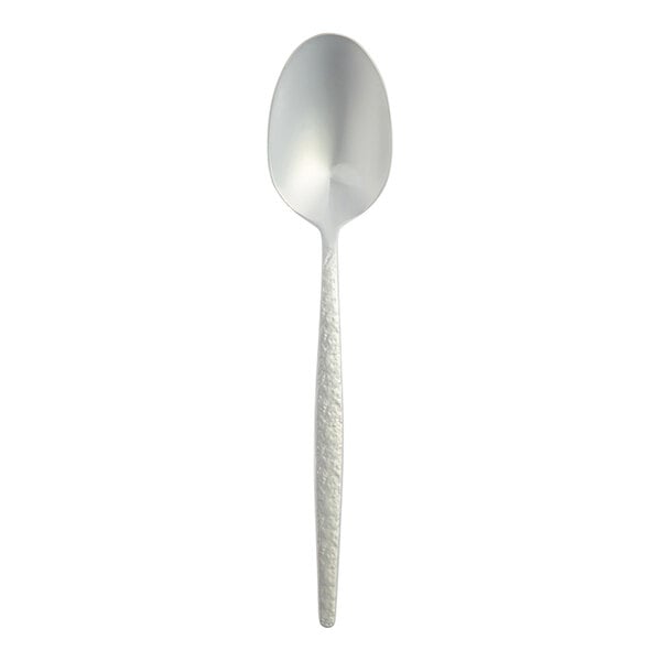A stainless steel oval bowl soup or dessert spoon with a textured handle.