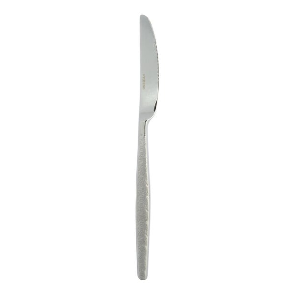 A stainless steel dessert knife with a textured handle.