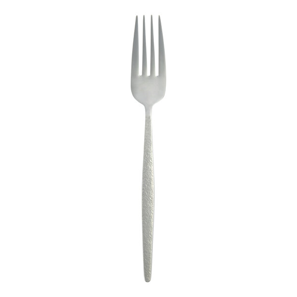 A stainless steel dinner fork with a textured handle.