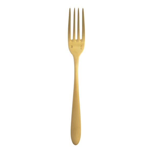 A brushed gold stainless steel dinner fork with a simple, elegant design.