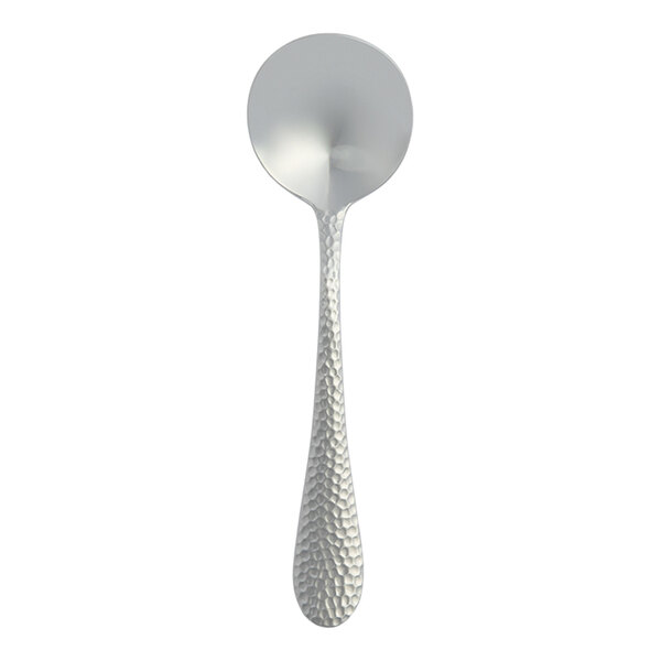 A stainless steel bouillon spoon with a textured handle.
