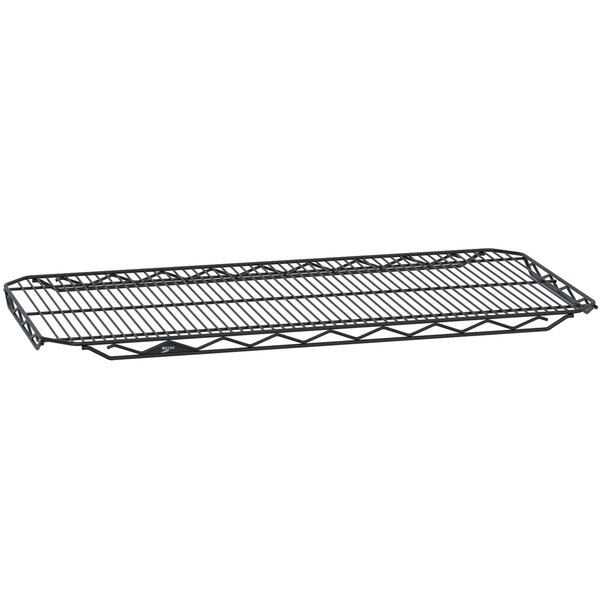 A black Metro qwikSLOT wire shelf.
